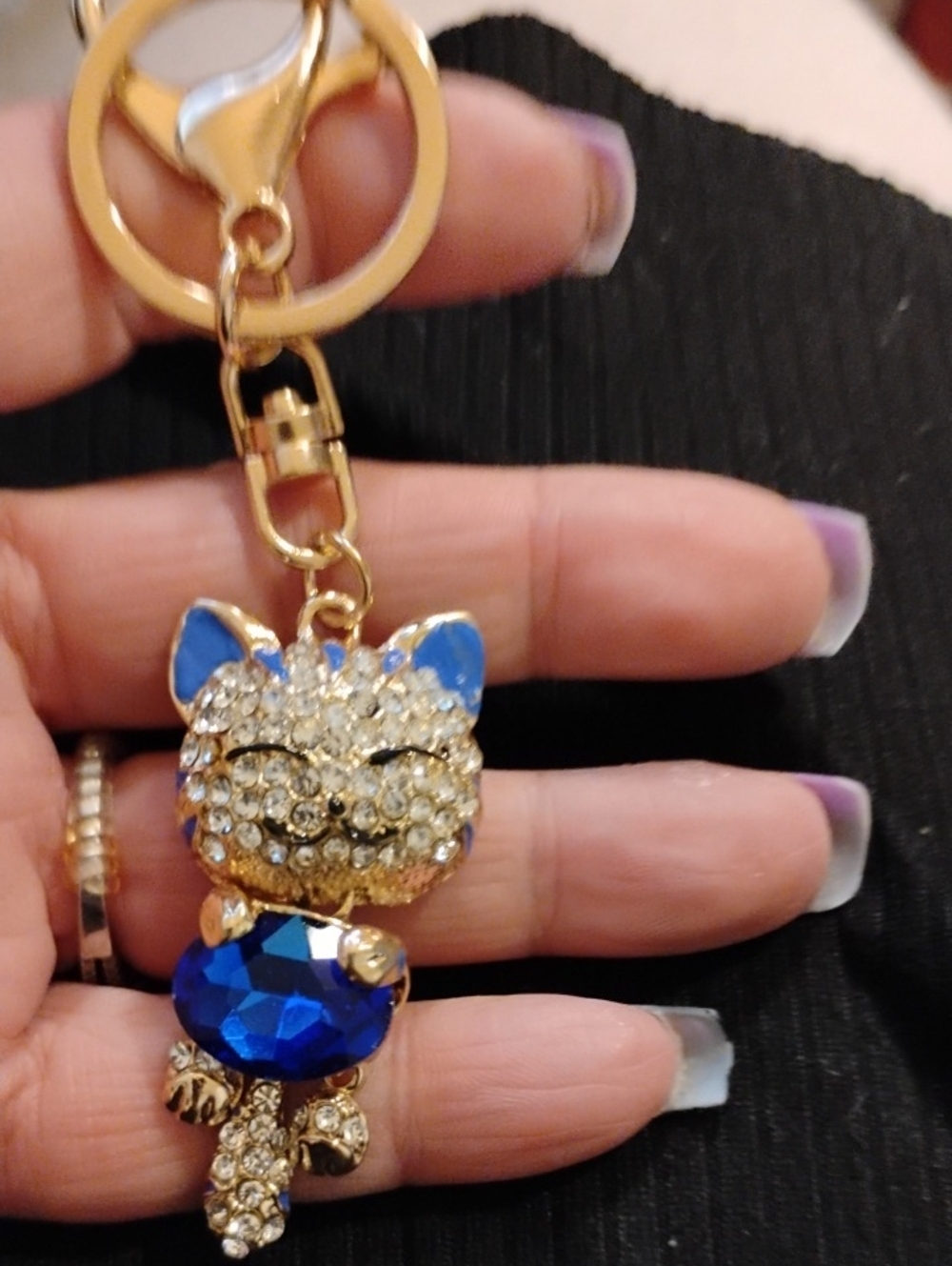 Crystal Cat Keychain Charm in Blue and Gold